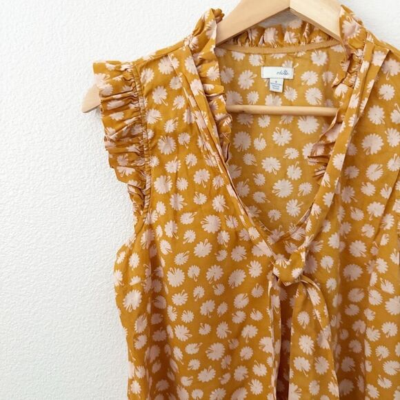 ODILLE x ANTHROPOLOGIE | Yellow Cream Graphic Flowers Floral Tie Blouse | Size 8 - Picture 3 of 8